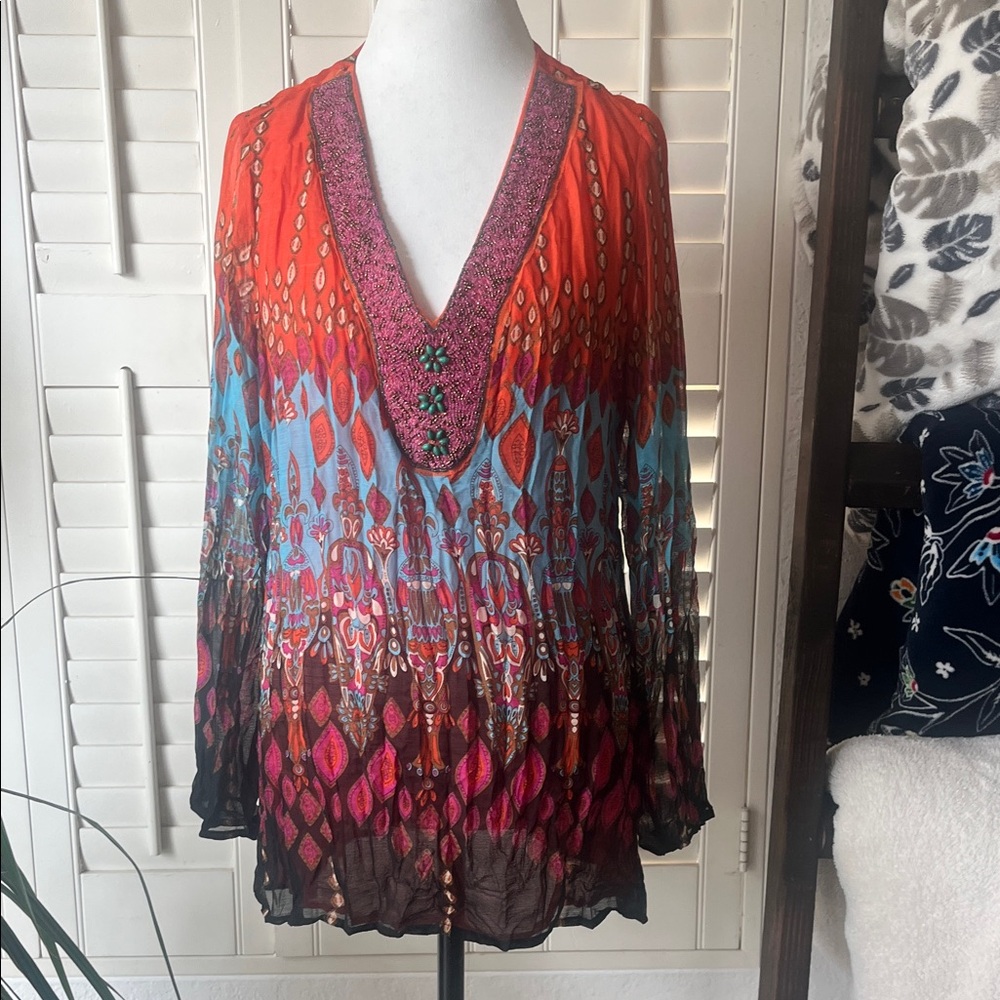 ✨ Laura Max Boho Tunic Blouse | Beaded V-Neck | Flowy & Vibrant ✨